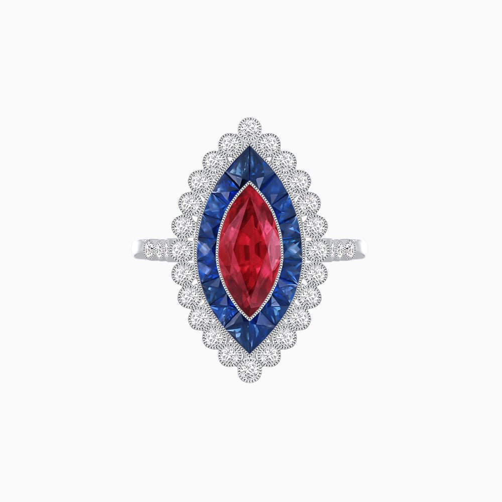Vintage Style Marquise Ring with French-Cut Gemstone Halo and Scalloped Diamond Border - Shahin Jewelry