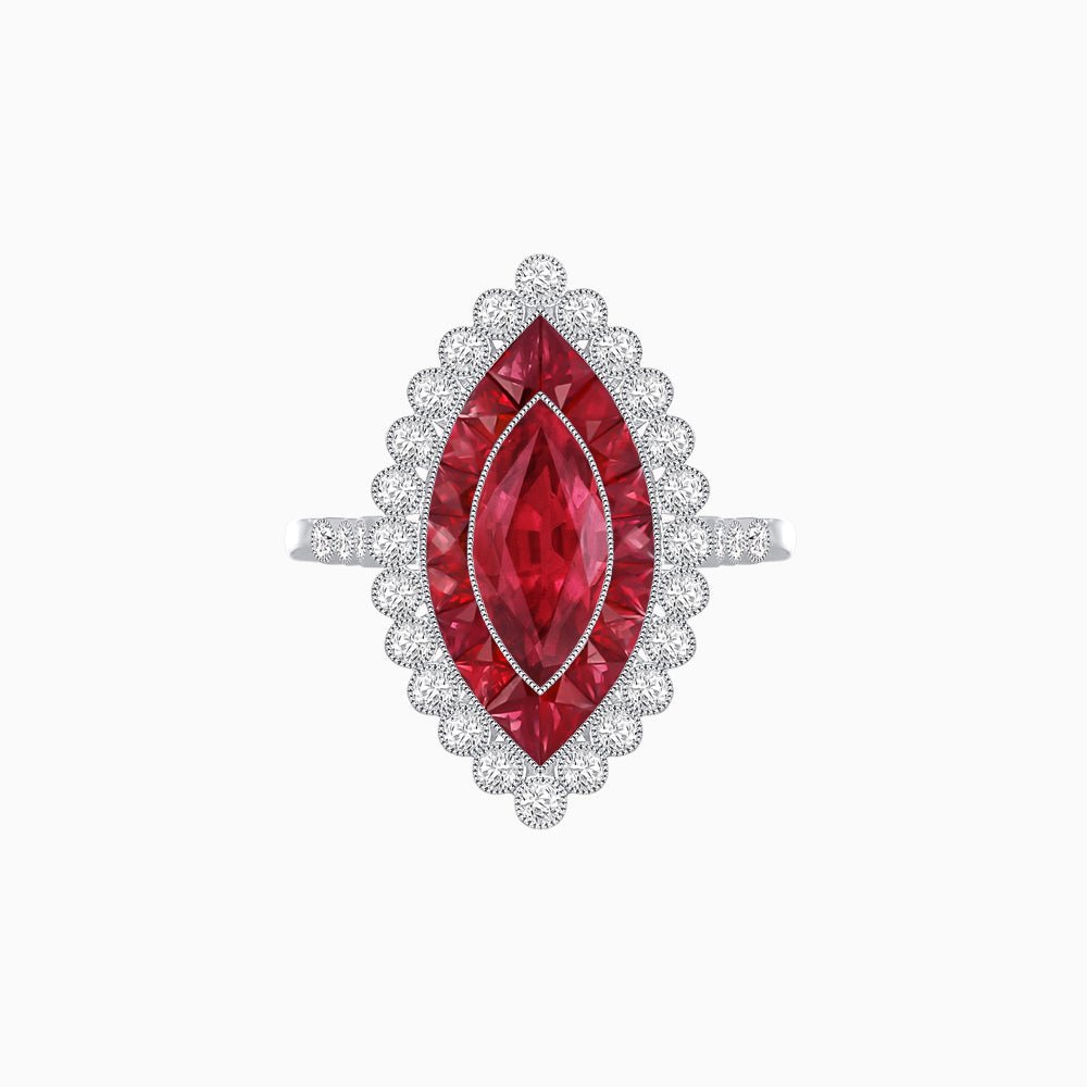 Vintage Style Marquise Ring with French-Cut Gemstone Halo and Scalloped Diamond Border - Shahin Jewelry