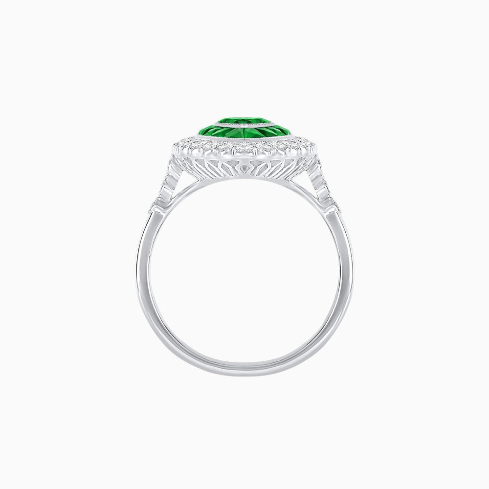 Vintage Style Marquise Ring with French-Cut Gemstone Halo and Scalloped Diamond Border - Shahin Jewelry