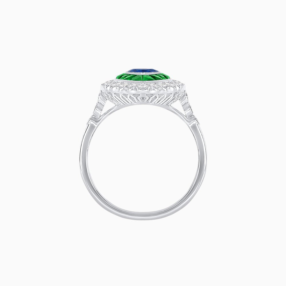 Vintage Style Marquise Ring with French-Cut Gemstone Halo and Scalloped Diamond Border - Shahin Jewelry