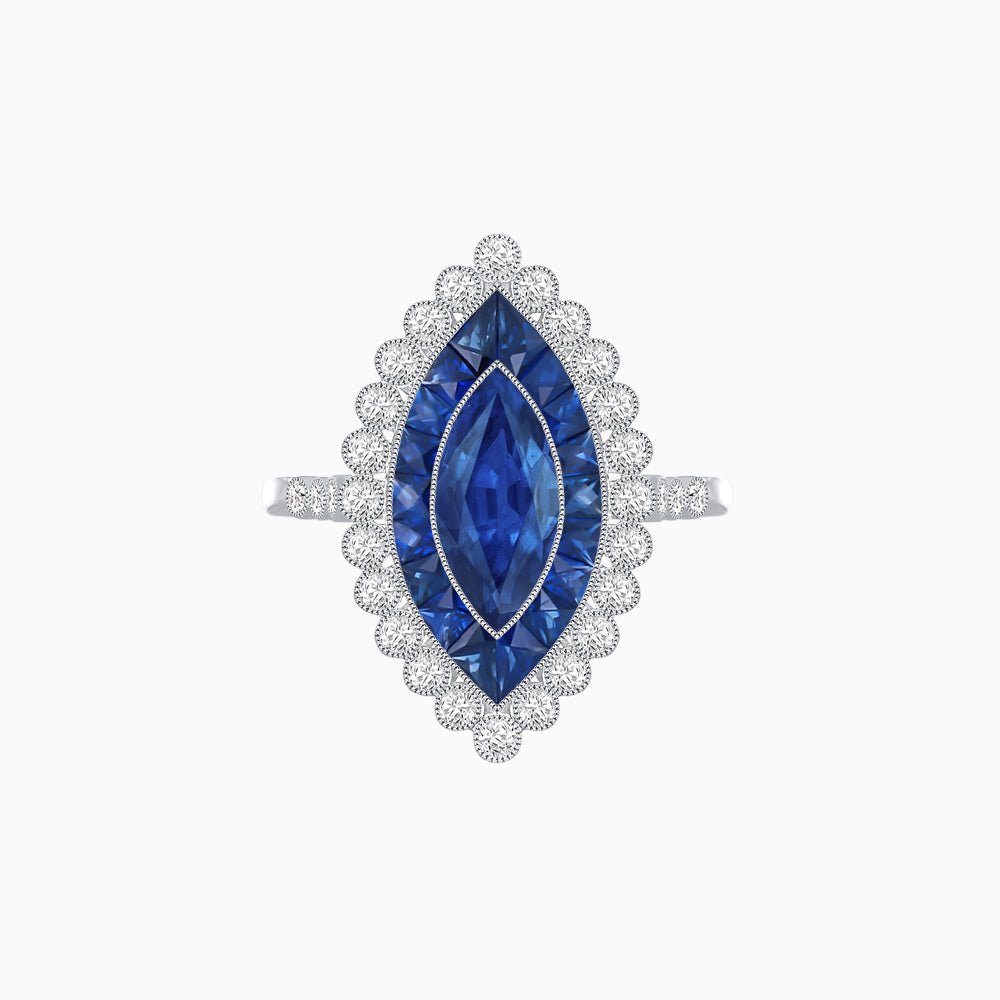 Vintage Style Marquise Ring with French-Cut Gemstone Halo and Scalloped Diamond Border - Shahin Jewelry