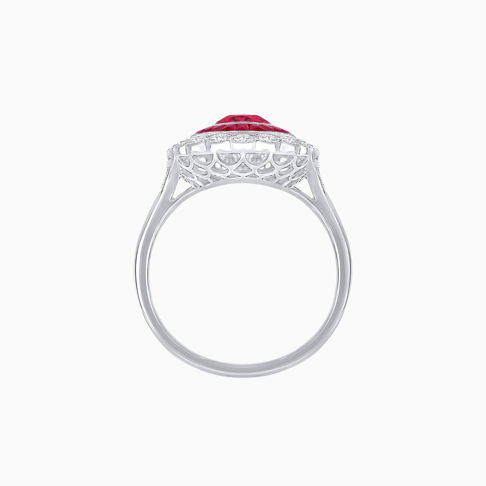 Vintage Style Oval Ring with French-Cut Gemstone Halo and Scalloped Diamond Border - Shahin Jewelry
