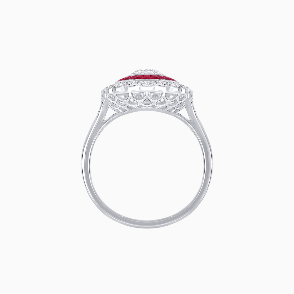 Vintage Style Oval Ring with French-Cut Gemstone Halo and Scalloped Diamond Border - Shahin Jewelry