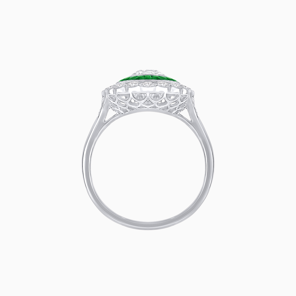 Vintage Style Oval Ring with French-Cut Gemstone Halo and Scalloped Diamond Border - Shahin Jewelry