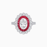 Load image into Gallery viewer, Vintage Style Oval Ring with French-Cut Gemstone Halo and Scalloped Diamond Border - Shahin Jewelry