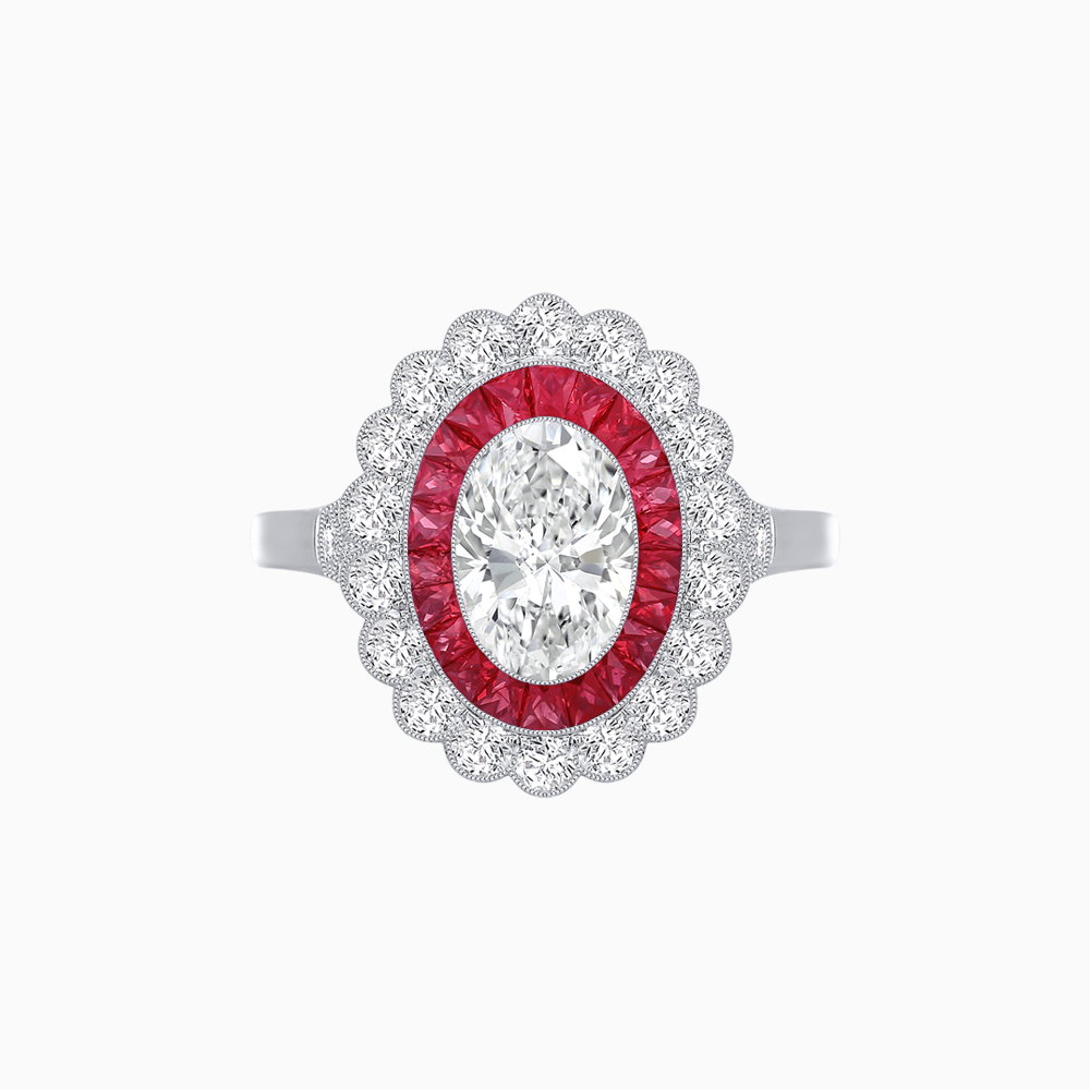 Vintage Style Oval Ring with French-Cut Gemstone Halo and Scalloped Diamond Border - Shahin Jewelry