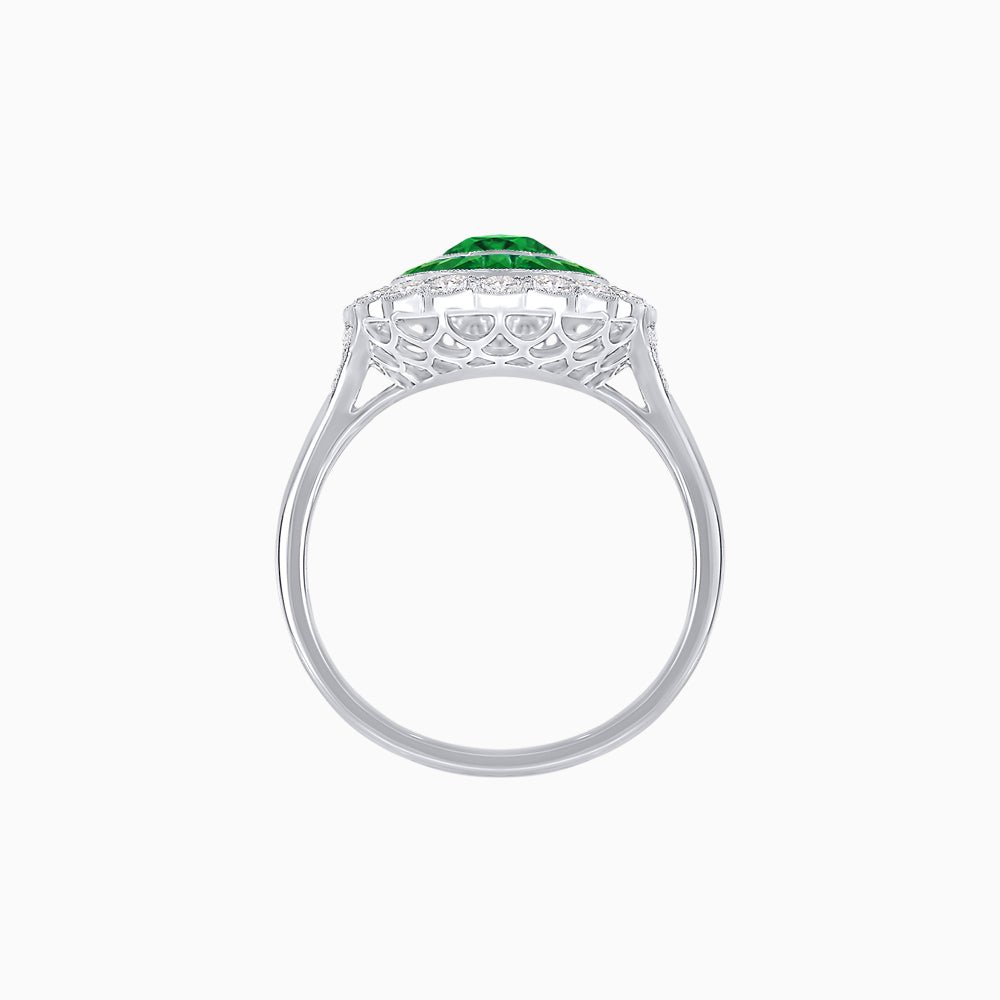 Vintage Style Oval Ring with French-Cut Gemstone Halo and Scalloped Diamond Border - Shahin Jewelry