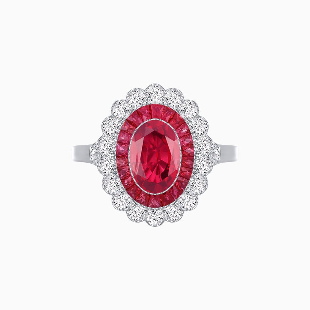 Vintage Style Oval Ring with French-Cut Gemstone Halo and Scalloped Diamond Border - Shahin Jewelry
