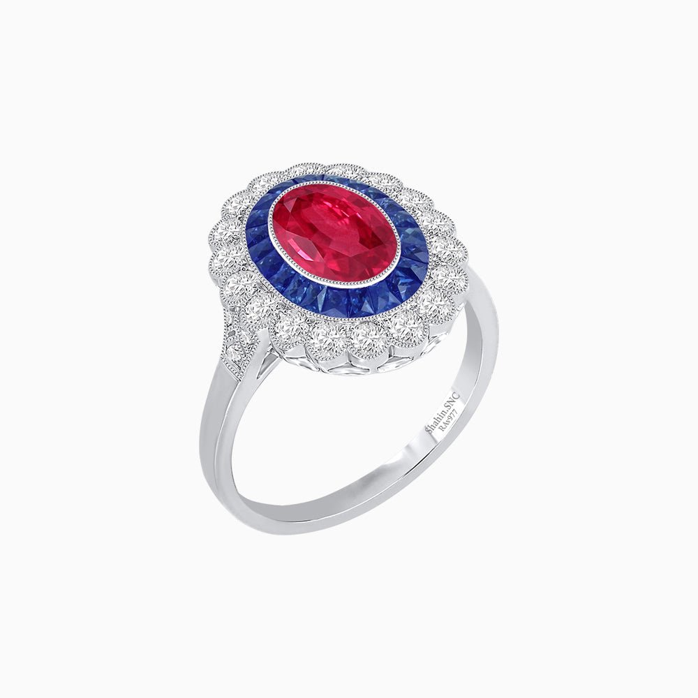Vintage Style Oval Ring with French-Cut Gemstone Halo and Scalloped Diamond Border - Shahin Jewelry