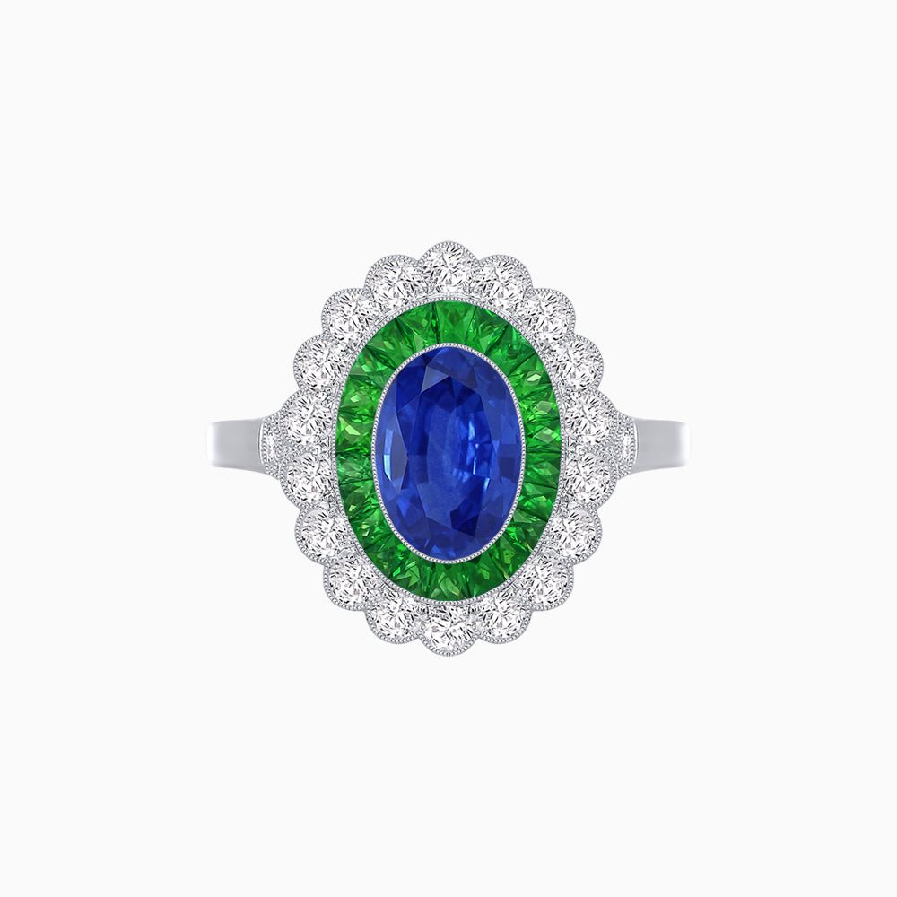 Vintage Style Oval Ring with French-Cut Gemstone Halo and Scalloped Diamond Border - Shahin Jewelry