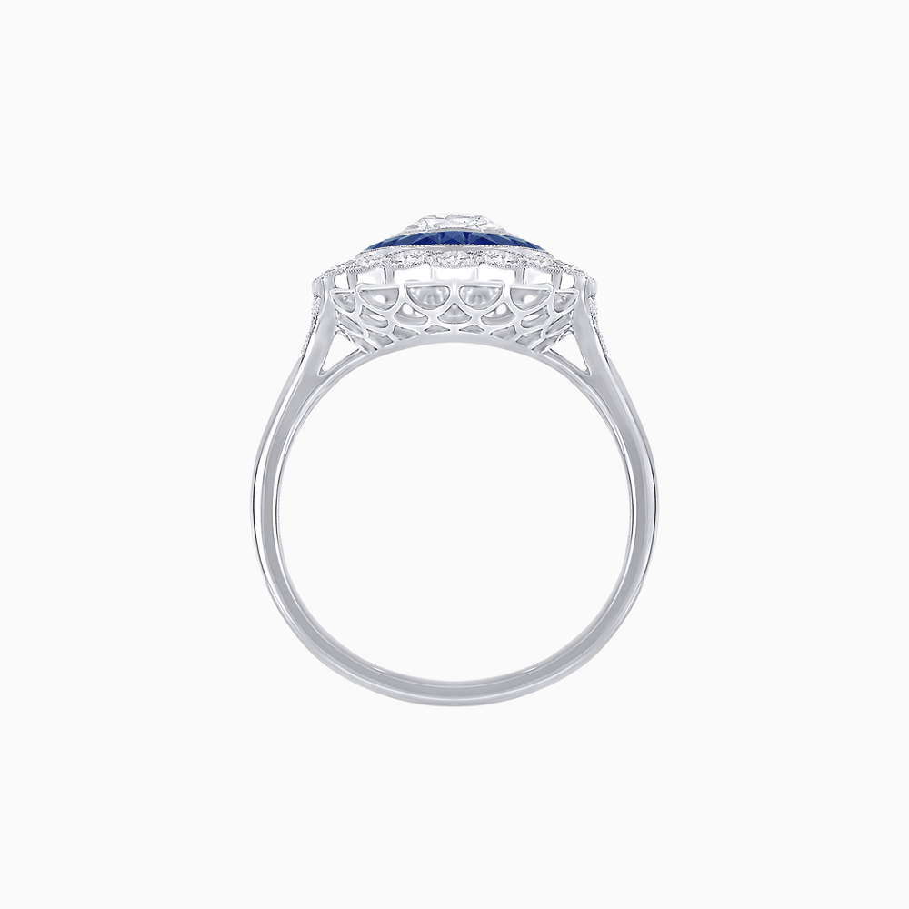 Vintage Style Oval Ring with French-Cut Gemstone Halo and Scalloped Diamond Border - Shahin Jewelry