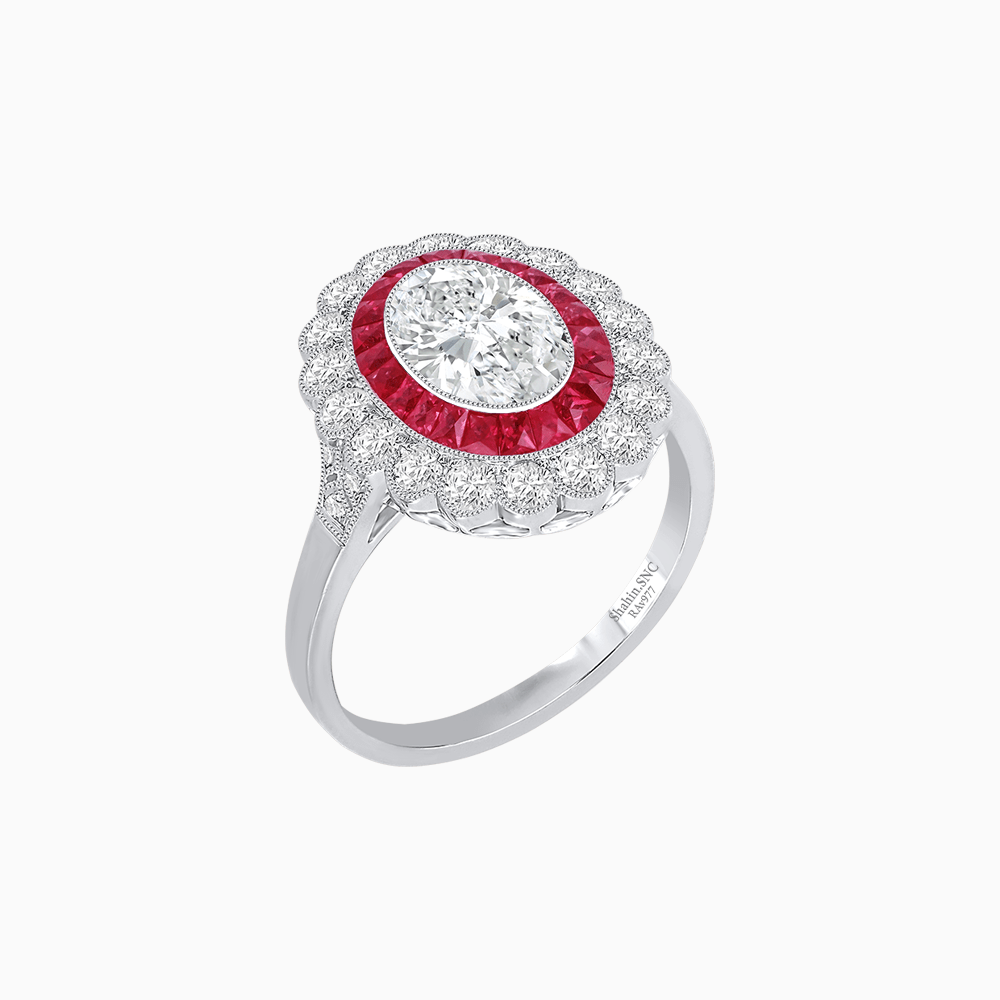 Vintage Style Oval Ring with French-Cut Gemstone Halo and Scalloped Diamond Border - Shahin Jewelry