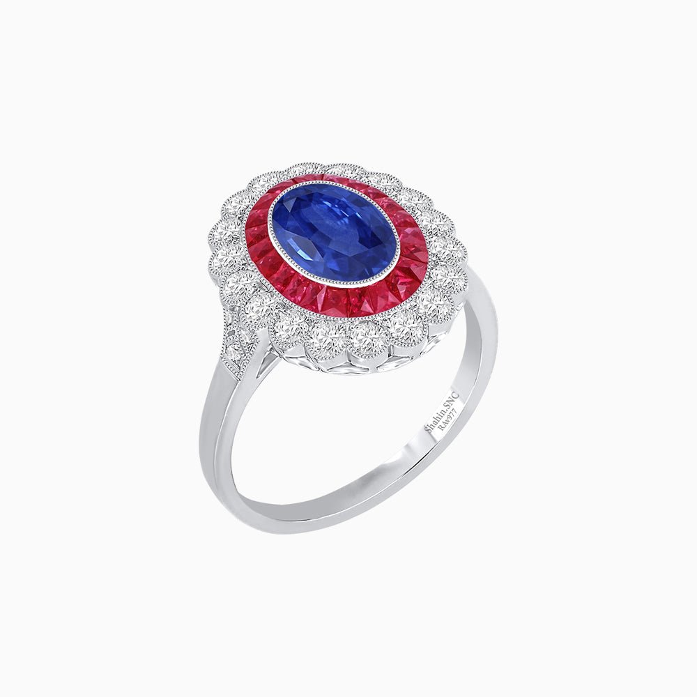 Vintage Style Oval Ring with French-Cut Gemstone Halo and Scalloped Diamond Border - Shahin Jewelry
