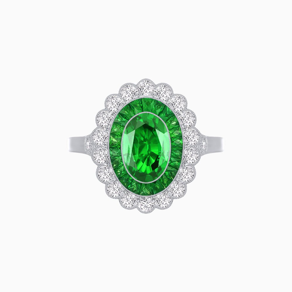 Vintage Style Oval Ring with French-Cut Gemstone Halo and Scalloped Diamond Border - Shahin Jewelry