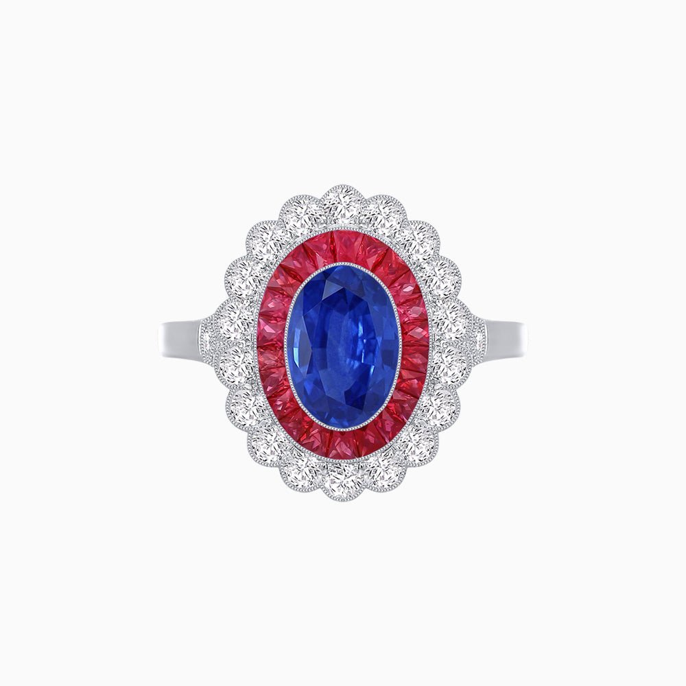 Vintage Style Oval Ring with French-Cut Gemstone Halo and Scalloped Diamond Border - Shahin Jewelry