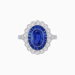 Load image into Gallery viewer, Vintage Style Oval Ring with French-Cut Gemstone Halo and Scalloped Diamond Border - Shahin Jewelry