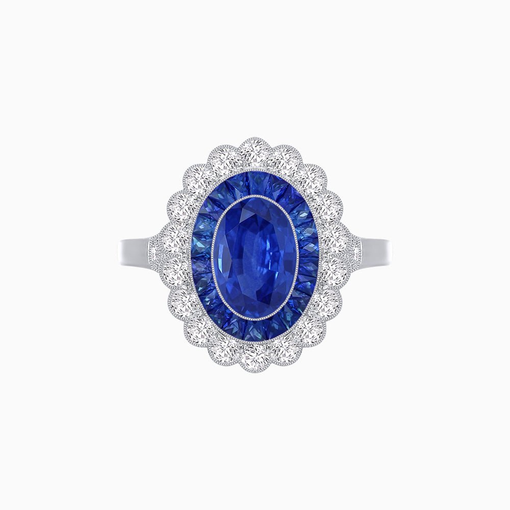 Vintage Style Oval Ring with French-Cut Gemstone Halo and Scalloped Diamond Border - Shahin Jewelry