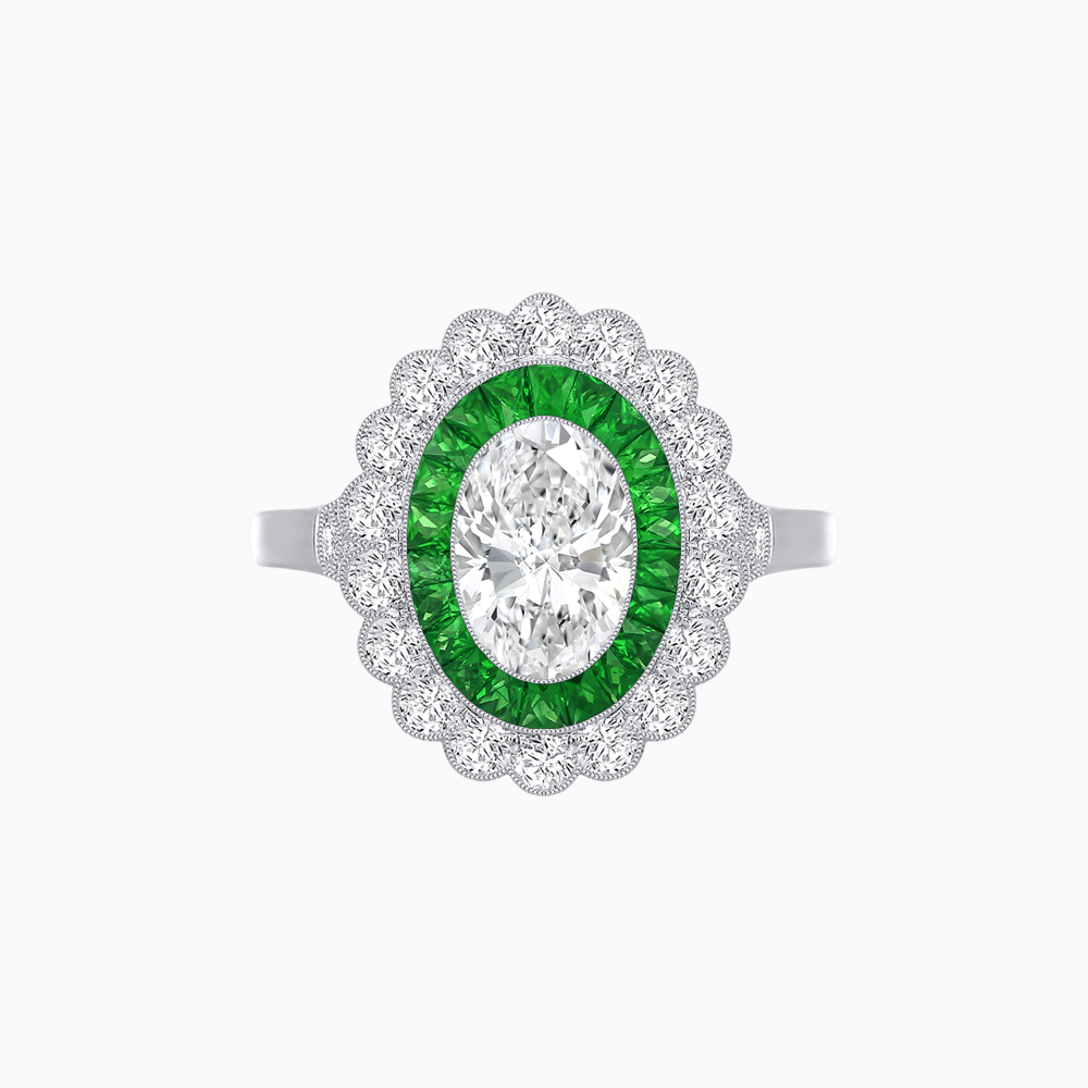 Vintage Style Oval Ring with French-Cut Gemstone Halo and Scalloped Diamond Border - Shahin Jewelry