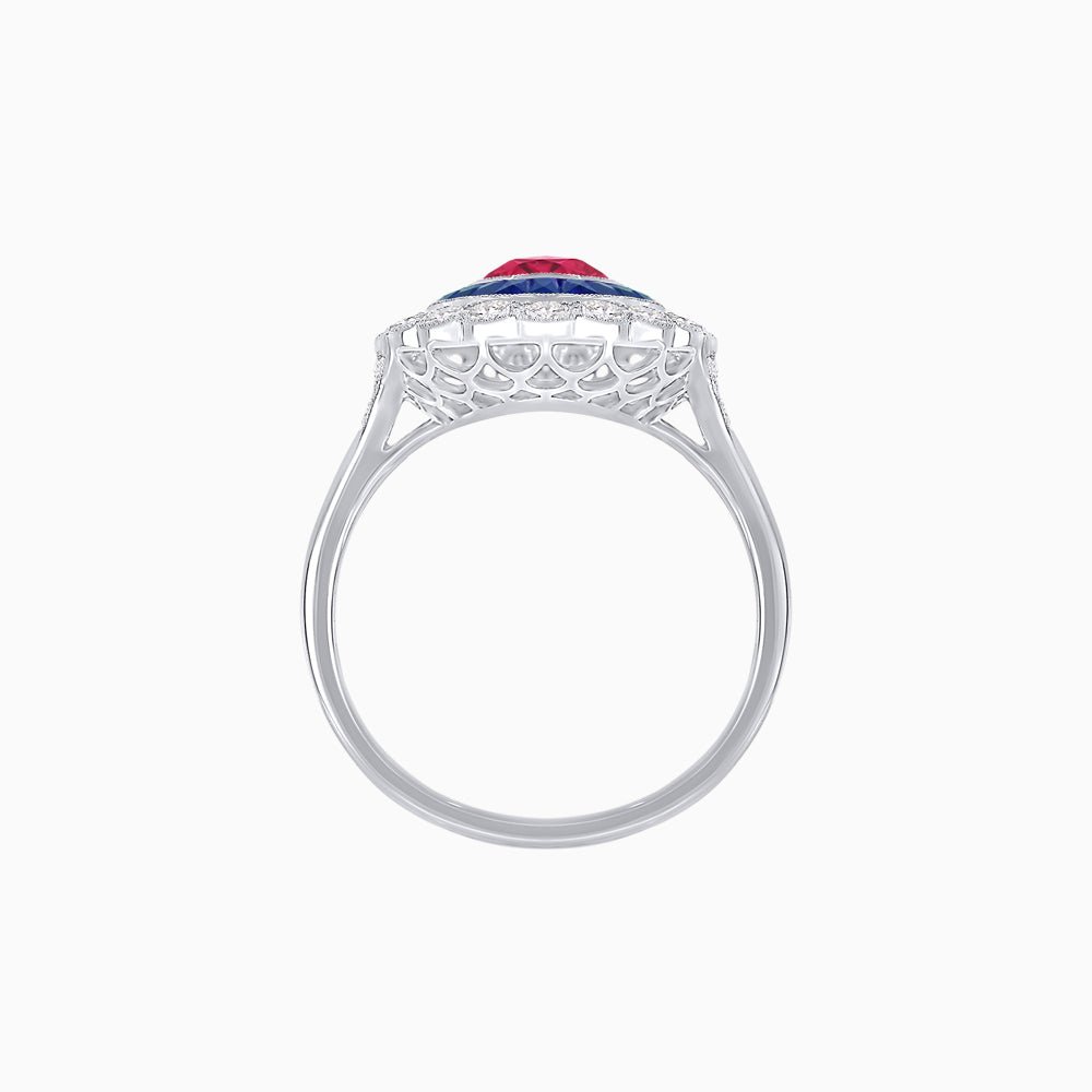 Vintage Style Oval Ring with French-Cut Gemstone Halo and Scalloped Diamond Border - Shahin Jewelry