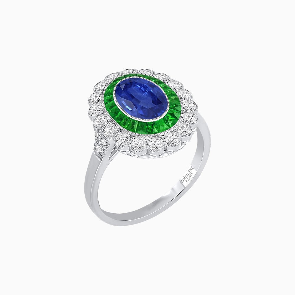 Vintage Style Oval Ring with French-Cut Gemstone Halo and Scalloped Diamond Border - Shahin Jewelry