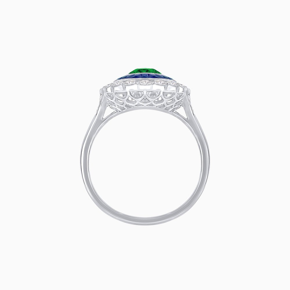 Vintage Style Oval Ring with French-Cut Gemstone Halo and Scalloped Diamond Border - Shahin Jewelry