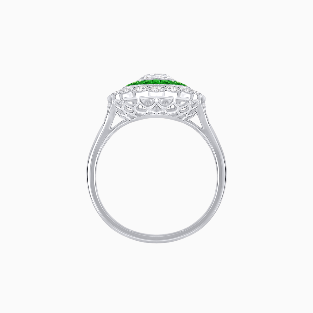Vintage Style Oval Ring with French-Cut Gemstone Halo and Scalloped Diamond Border - Shahin Jewelry
