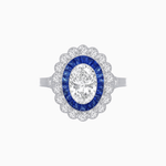 Load image into Gallery viewer, Vintage Style Oval Ring with French-Cut Gemstone Halo and Scalloped Diamond Border - Shahin Jewelry