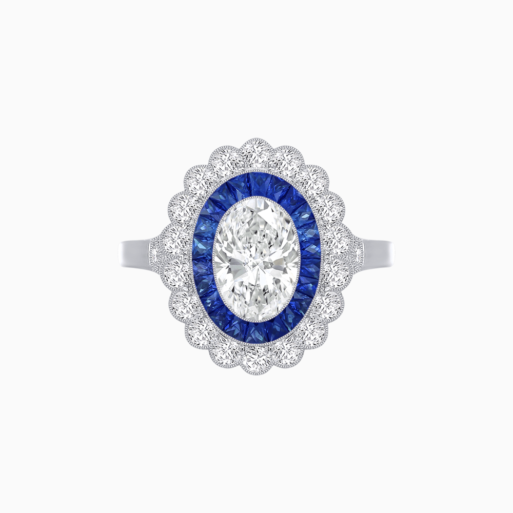 Vintage Style Oval Ring with French-Cut Gemstone Halo and Scalloped Diamond Border - Shahin Jewelry