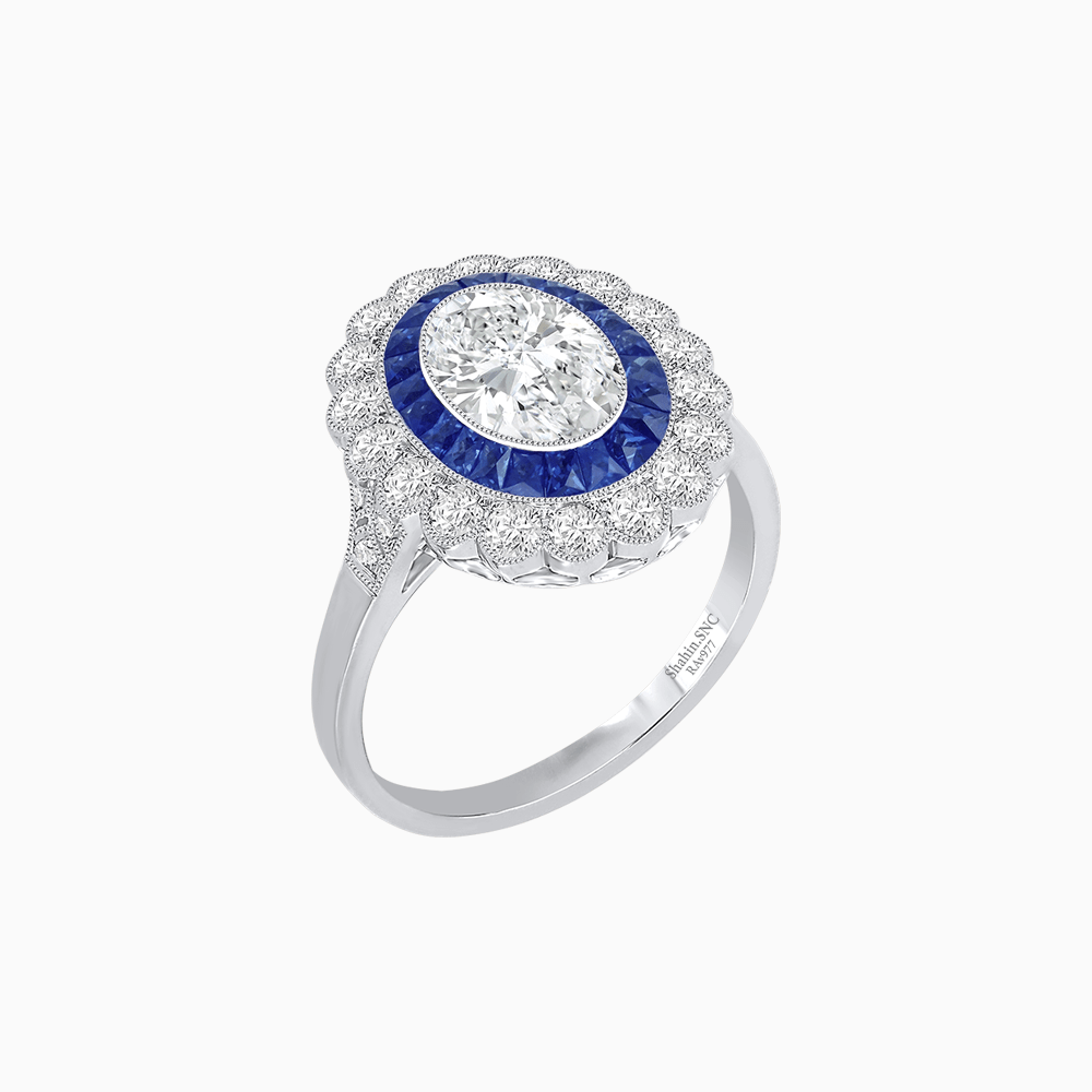 Vintage Style Oval Ring with French-Cut Gemstone Halo and Scalloped Diamond Border - Shahin Jewelry