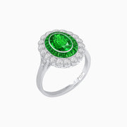 Vintage Style Oval Ring with French-Cut Gemstone Halo and Scalloped Diamond Border - Shahin Jewelry