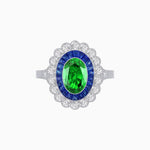 Load image into Gallery viewer, Vintage Style Oval Ring with French-Cut Gemstone Halo and Scalloped Diamond Border - Shahin Jewelry