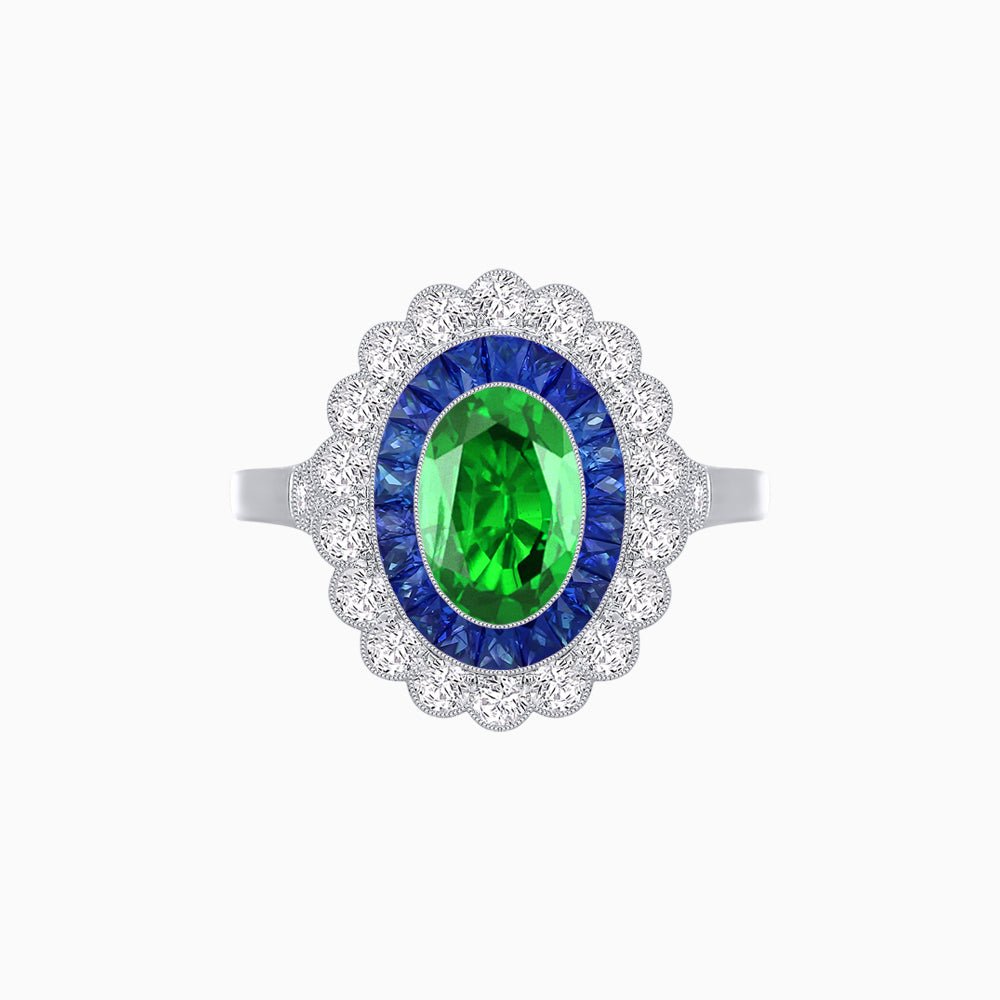 Vintage Style Oval Ring with French-Cut Gemstone Halo and Scalloped Diamond Border - Shahin Jewelry