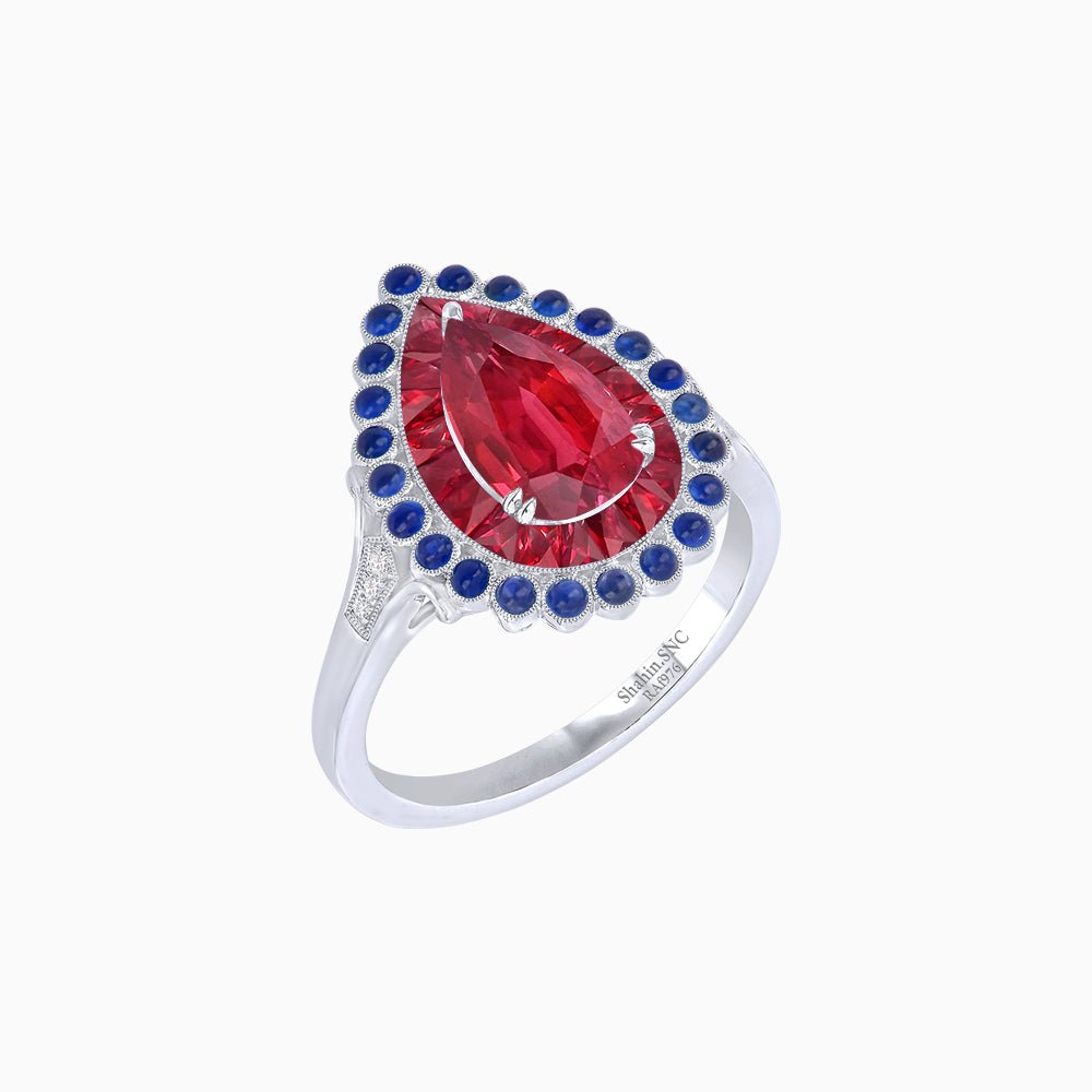 Vintage Style Pear Shape Mosaic Ring with French-Cut and Cabochon Borders - Shahin Jewelry