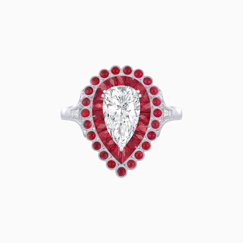 Vintage Style Pear Shape Mosaic Ring with French-Cut and Cabochon Borders - Shahin Jewelry