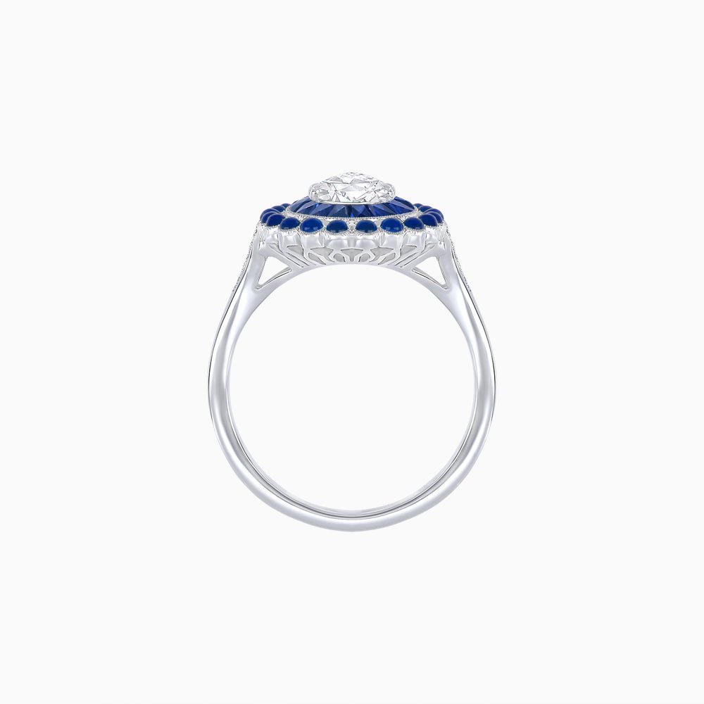 Vintage Style Pear Shape Mosaic Ring with French-Cut and Cabochon Borders - Shahin Jewelry