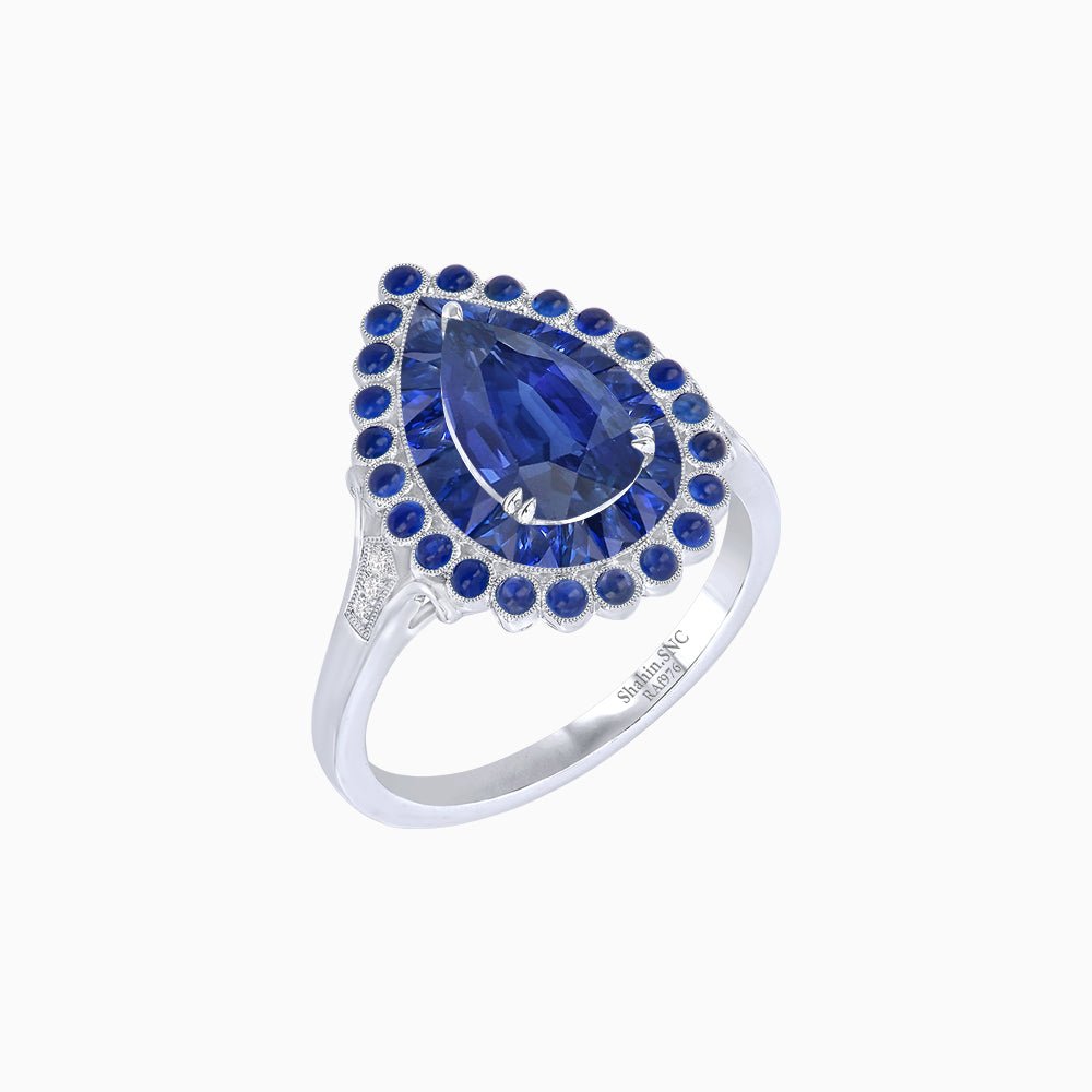 Vintage Style Pear Shape Mosaic Ring with French-Cut and Cabochon Borders - Shahin Jewelry