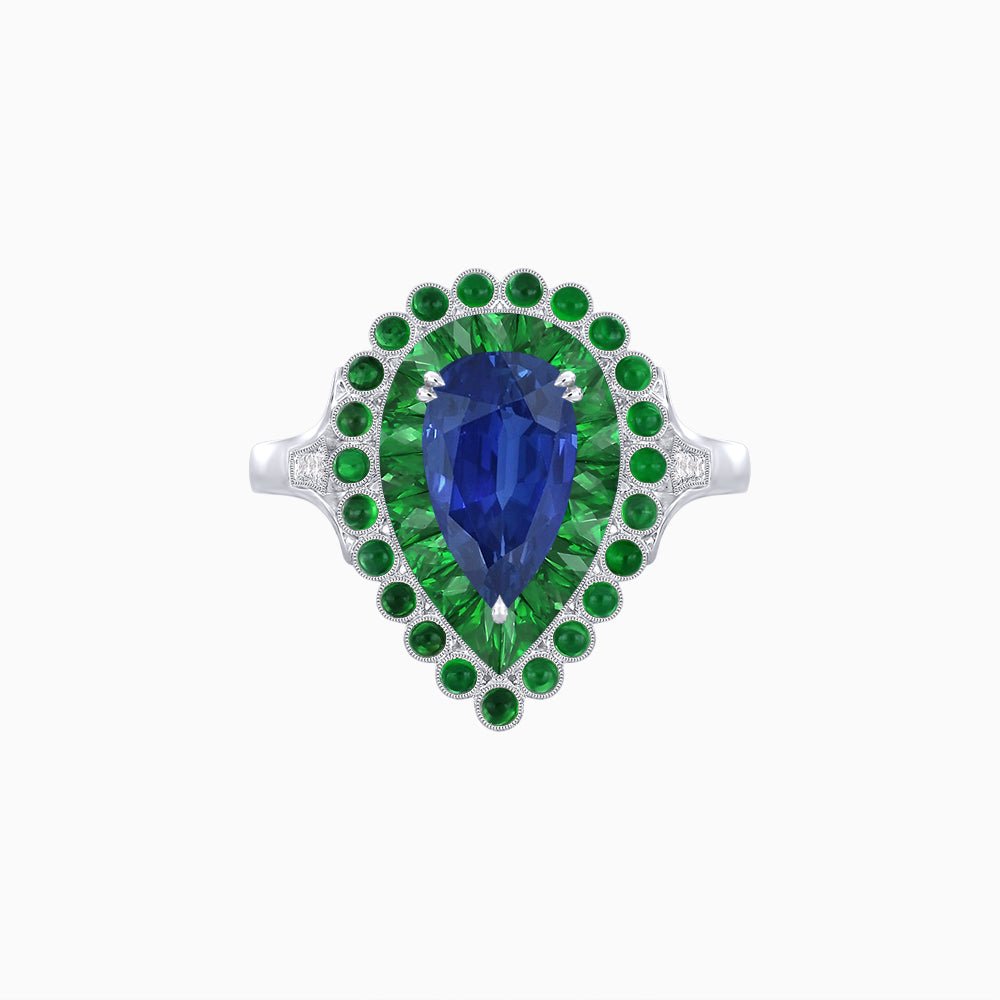 Vintage Style Pear Shape Mosaic Ring with French-Cut and Cabochon Borders - Shahin Jewelry