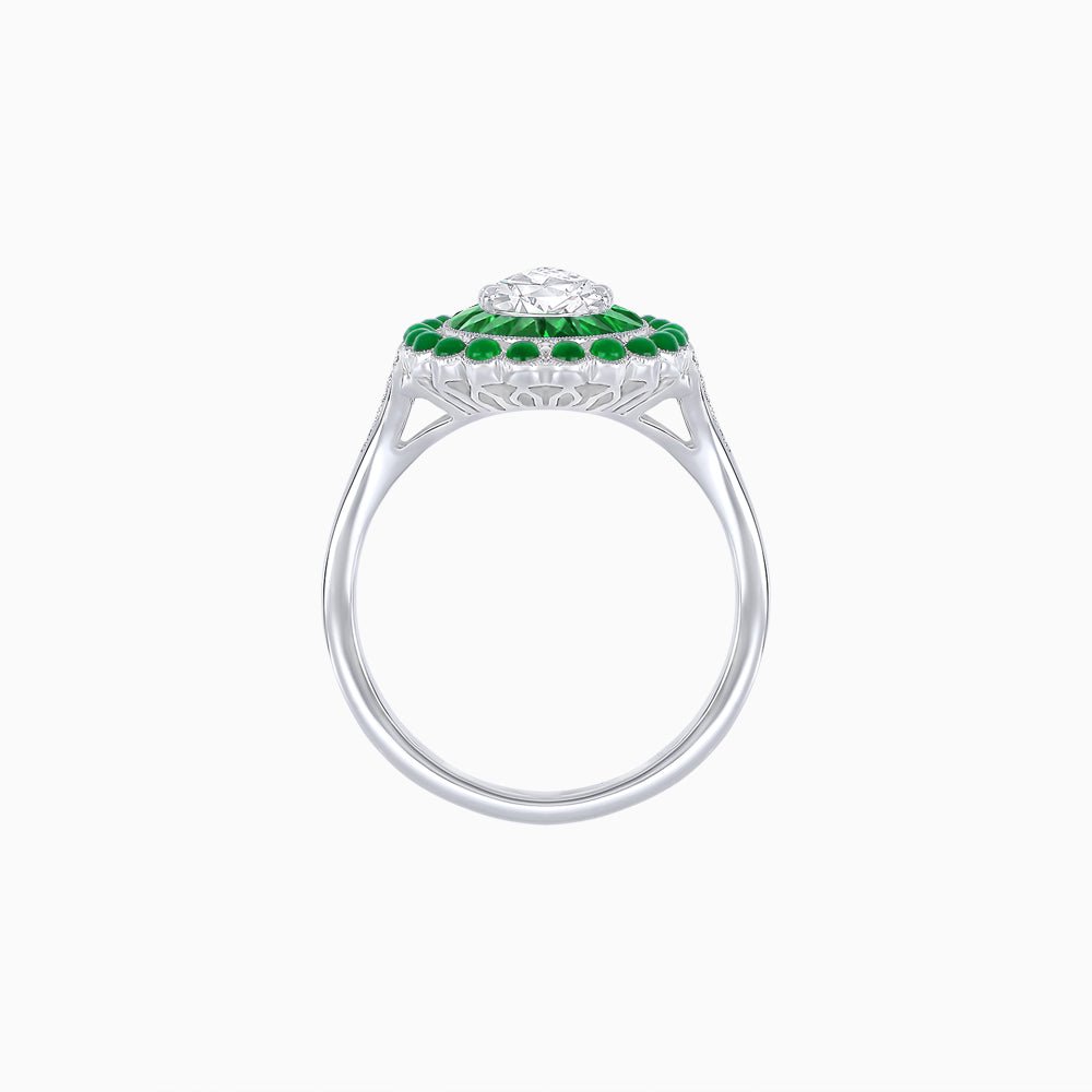 Vintage Style Pear Shape Mosaic Ring with French-Cut and Cabochon Borders - Shahin Jewelry