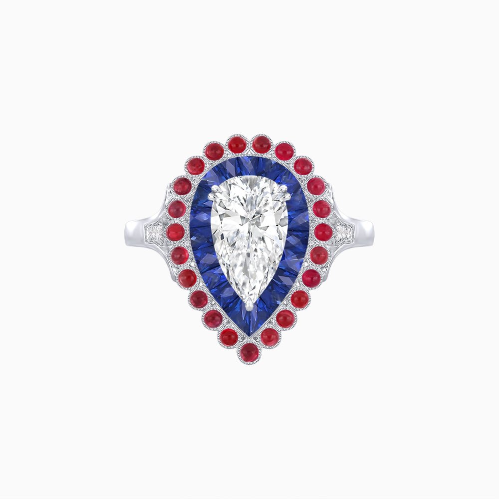 Vintage Style Pear Shape Mosaic Ring with French-Cut and Cabochon Borders - Shahin Jewelry