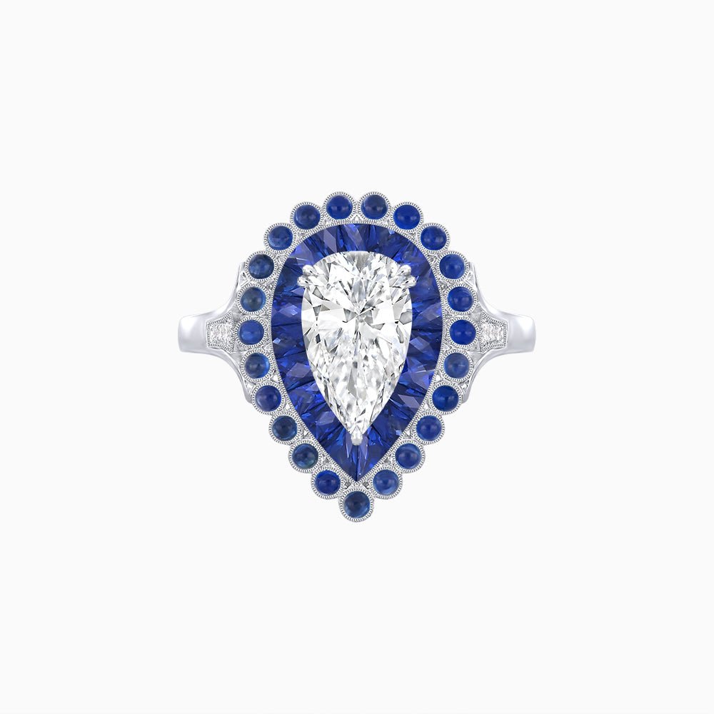 Vintage Style Pear Shape Mosaic Ring with French-Cut and Cabochon Borders - Shahin Jewelry