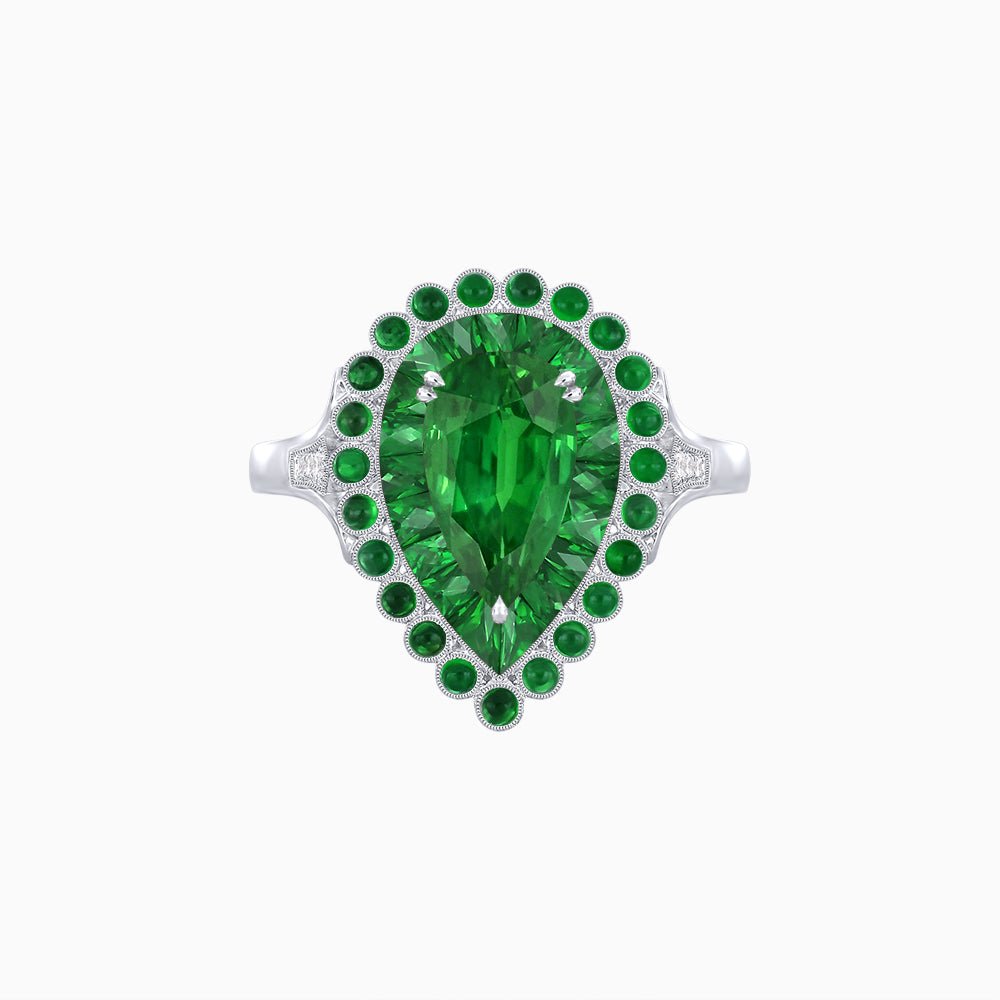 Vintage Style Pear Shape Mosaic Ring with French-Cut and Cabochon Borders - Shahin Jewelry
