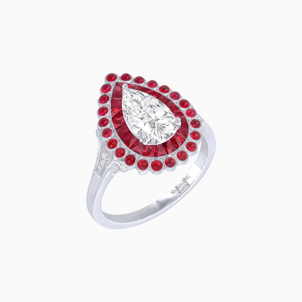 Vintage Style Pear Shape Mosaic Ring with French-Cut and Cabochon Borders - Shahin Jewelry