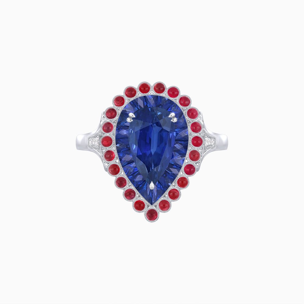 Vintage Style Pear Shape Mosaic Ring with French-Cut and Cabochon Borders - Shahin Jewelry