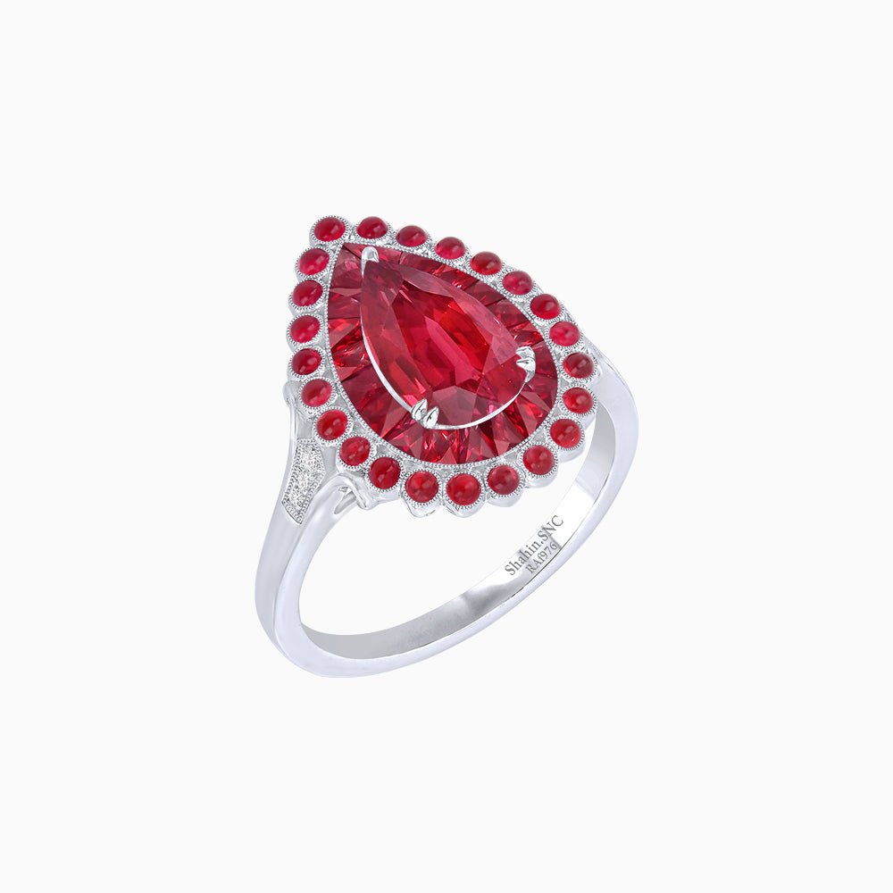 Vintage Style Pear Shape Mosaic Ring with French-Cut and Cabochon Borders - Shahin Jewelry