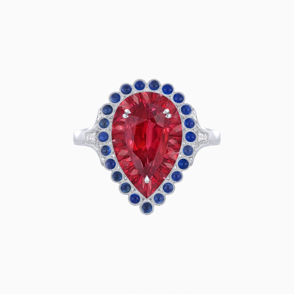 Vintage Style Pear Shape Mosaic Ring with French-Cut and Cabochon Borders - Shahin Jewelry
