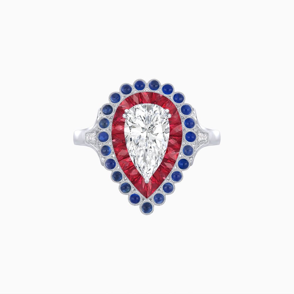 Vintage Style Pear Shape Mosaic Ring with French-Cut and Cabochon Borders - Shahin Jewelry