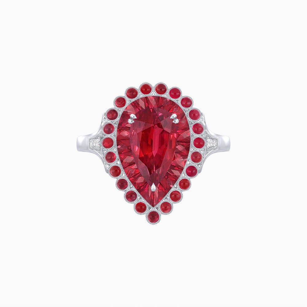 Vintage Style Pear Shape Mosaic Ring with French-Cut and Cabochon Borders - Shahin Jewelry
