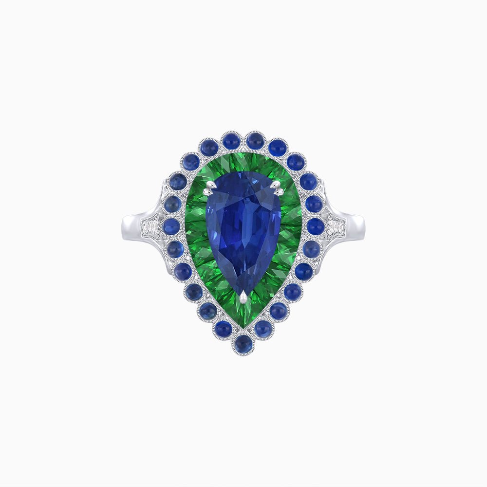Vintage Style Pear Shape Mosaic Ring with French-Cut and Cabochon Borders - Shahin Jewelry
