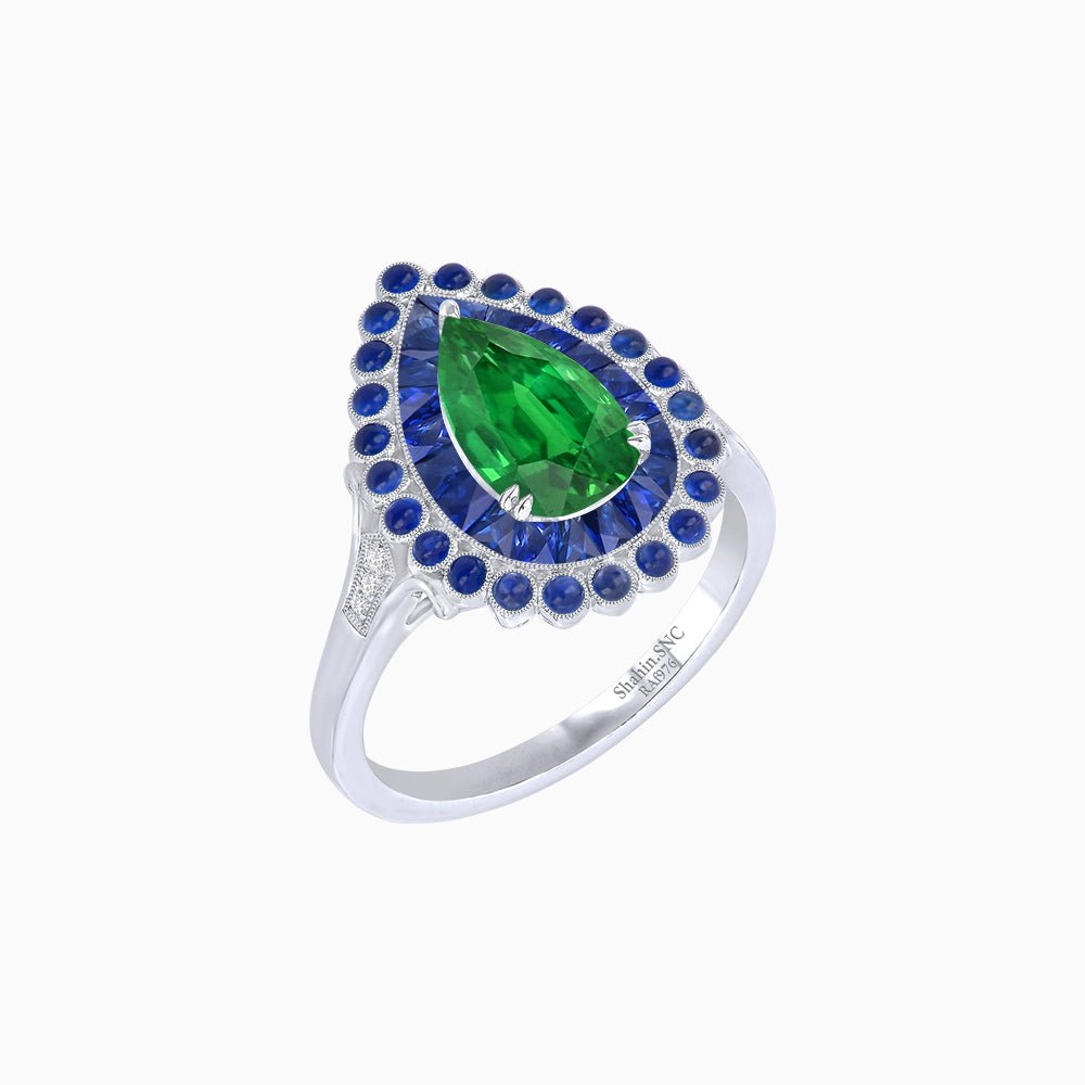Vintage Style Pear Shape Mosaic Ring with French-Cut and Cabochon Borders - Shahin Jewelry