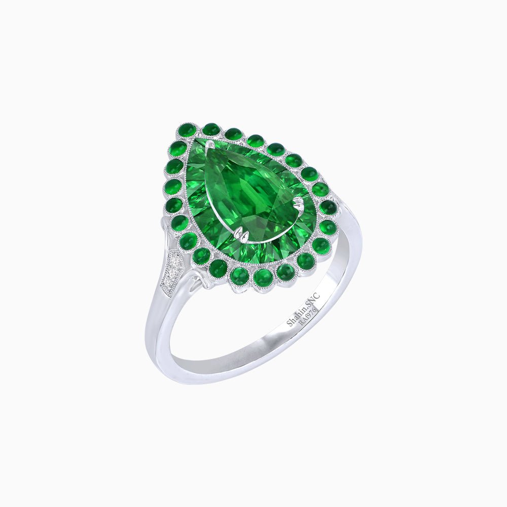 Vintage Style Pear Shape Mosaic Ring with French-Cut and Cabochon Borders - Shahin Jewelry